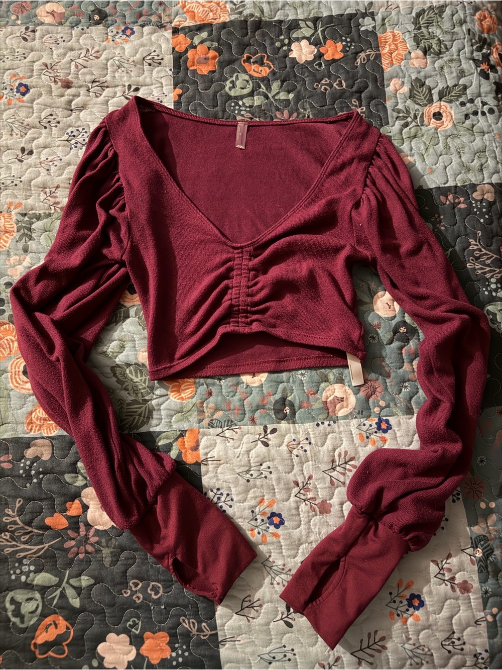 FP Movement by Free People Burgundy Ruched V-Neck Crop Top